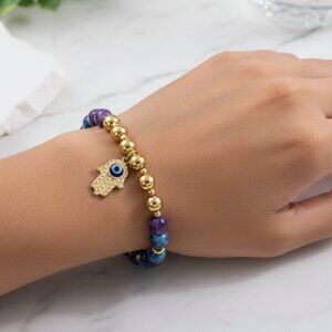 3/$35 18K Gold Plated Bracelet Evil Eye Palm Hand Purple Bead Stainless Steel